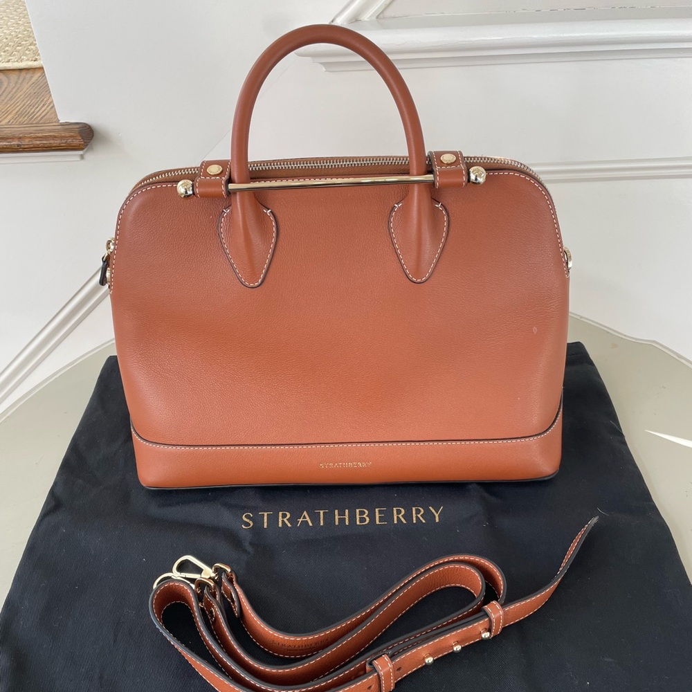 Strathberry Tan Leather Top-Handle Bag with Gold Bar - Picture 2 of 3